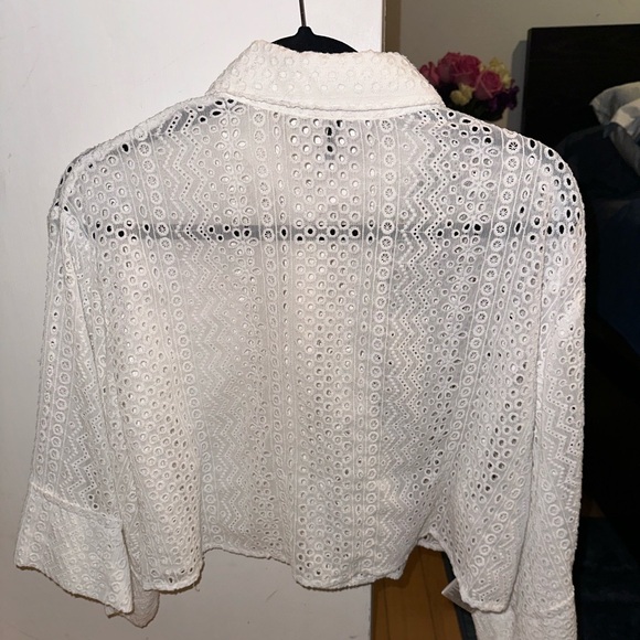 BCBGMaxAzria White Collared Eyelet Button-Down Crop - Picture 7 of 7